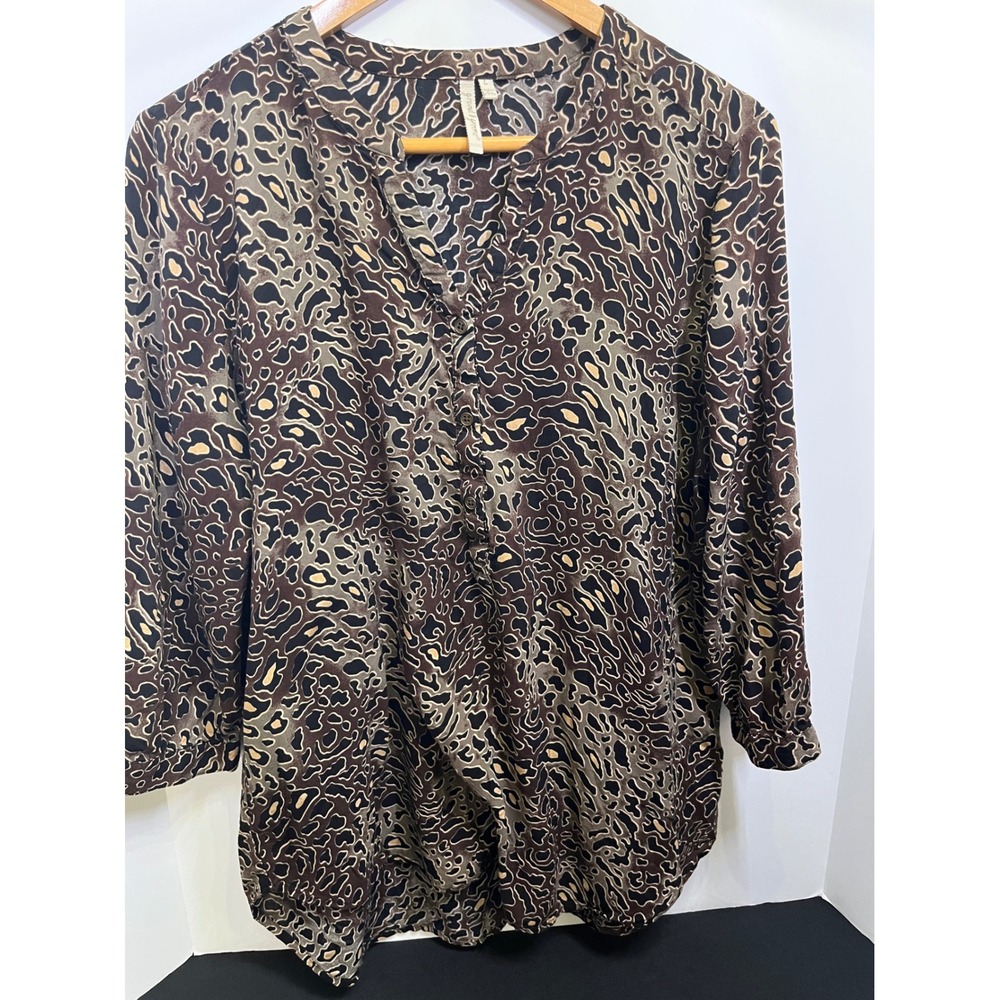 Grand & Greene Brown Animal Print Rayon Tunic Top 3/4 Sleeve Large